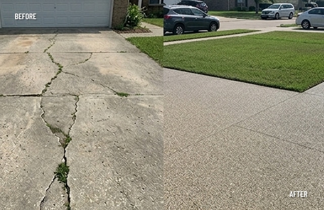 Before and after cracked driveway repair and concrete coating by Sullivan's Concrete Coatings near Louisville, KY