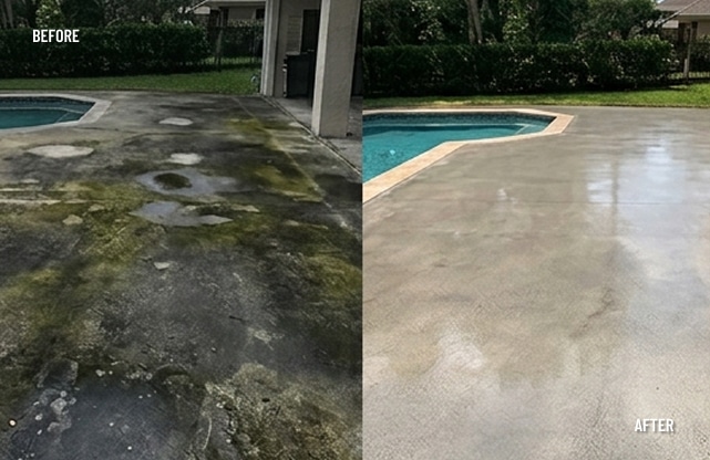 Before and after pool patio concrete coating transformation by Sullivan's Concrete Coatings near Louisville, KY