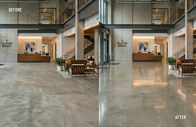 Before and after commercial lobby concrete floor coating transformation by Sullivan's Concrete Coatings near Louisville, KY