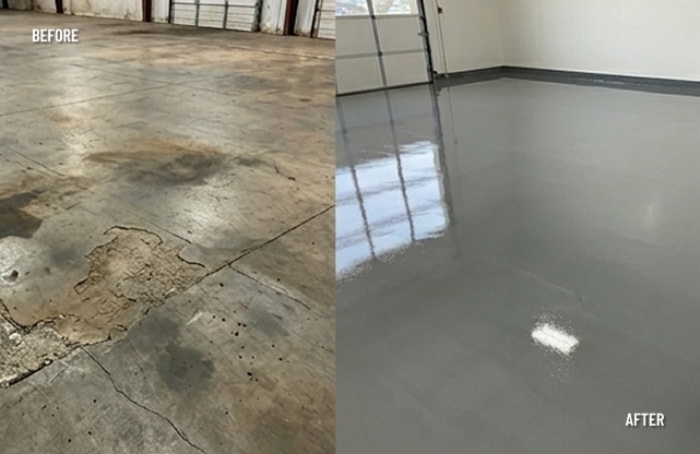 Before and after garage floor epoxy coating transformation by Sullivan's Concrete Coatings near Louisville, KY