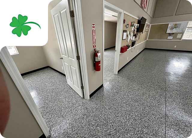 Commercial epoxy flake floor coating in office hallway by Sullivan's Concrete Coatings near Louisville, KY